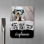Trendy 4 Photo Collage Script Name White Black Magnet<br><div class="desc">Use your favourite photo or pictures to make a fun keepsake to share with friends.</div>