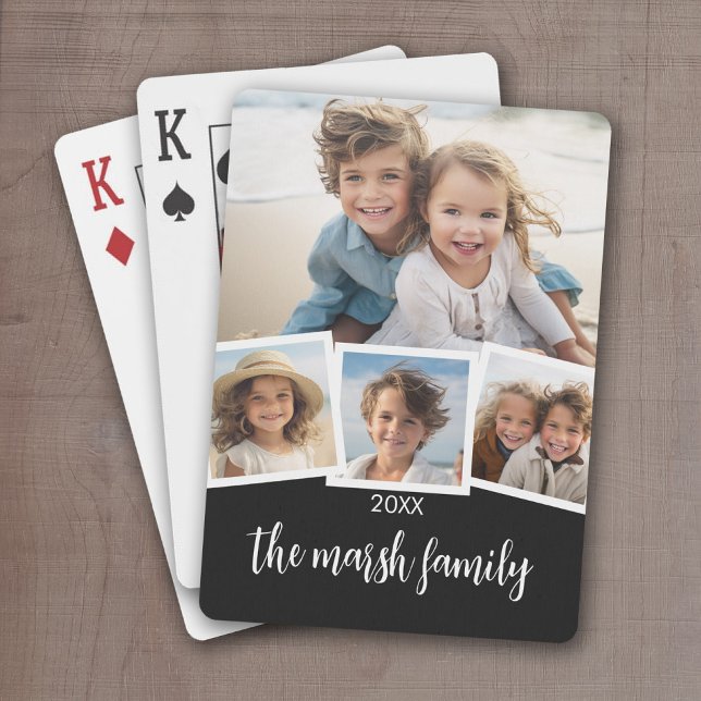 Trendy 4 Photo Collage Script Name White Black Playing Cards (Personalize this set of playing cards with a photo collage and and family name)