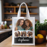 Trendy 4 Photo Collage Script Name White Black Reusable Grocery Bag<br><div class="desc">You can use square or selfie photos for this design. Use four square photos to create a unique and personal gift. Or you can keep the hipster puppy and make a trendy keepsake. If you need to adjust the pictures,  click on the customise tool to make changes.</div>