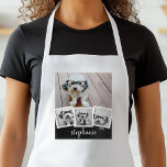 Trendy 4 Photo Collage Script Name White Black Standard Apron<br><div class="desc">You can use square or selfie photos for this design. Use four square photos to create a unique and personal gift. Or you can keep the hipster puppy and make a trendy keepsake. If you need to adjust the pictures,  click on the customise tool to make changes.</div>