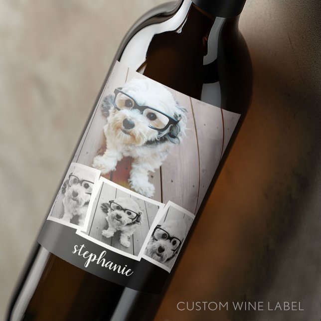 Trendy 4 Photo Collage Script Name White Black Wine Label (Custom Wine Bottle Label - Personalize a Sticker for a fun gift or memento)