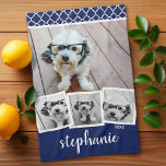 Trendy 4 Photo Collage Script Name White Blue Tea Towel<br><div class="desc">You can use square or selfie photos for this design. Use four square photos to create a unique and personal gift. If you need to adjust the pictures,  click on the customise tool to make changes.</div>
