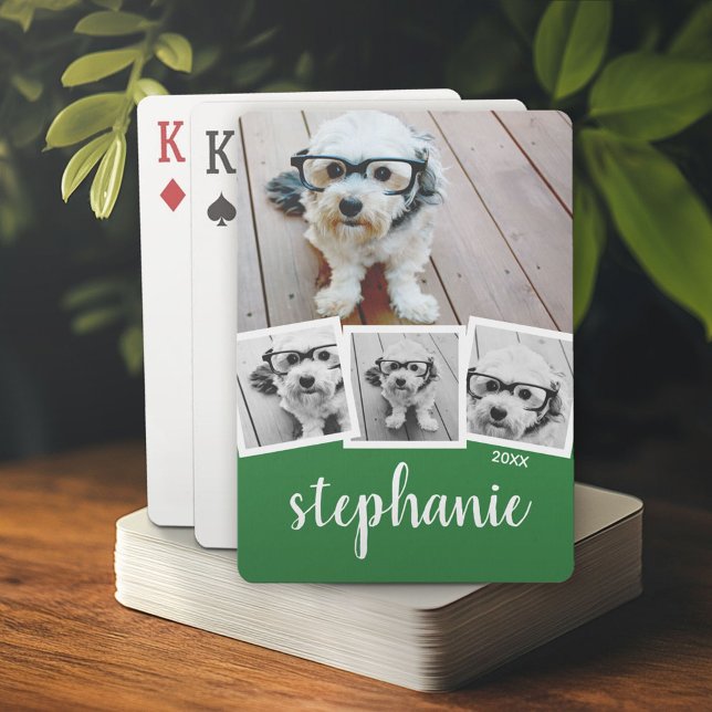 Trendy 4 Photo Collage Script Name White Green Playing Cards (Custom Poker Playing Cards)