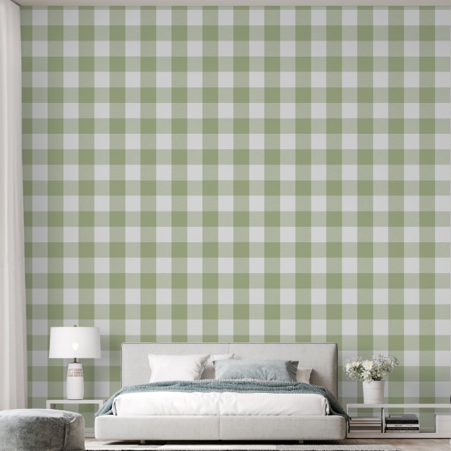 Trendy 6" Light Sage Green Buffalo Check Wallpaper (Bedroom)