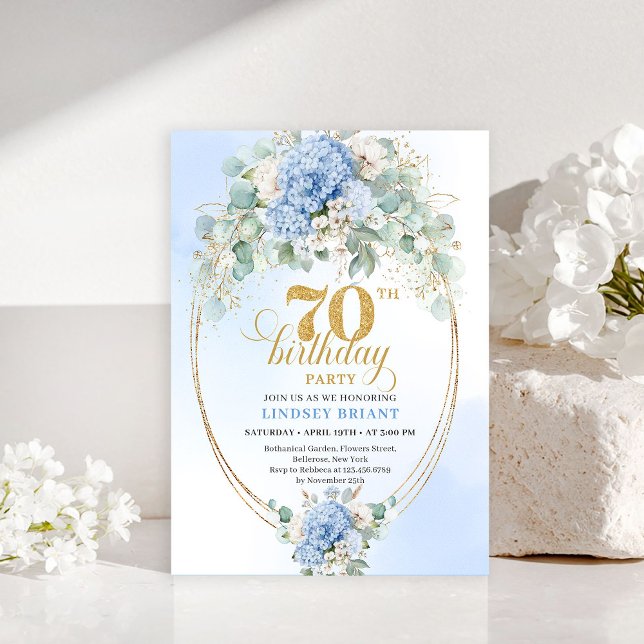Trendy 70th Birthday Pastel Blue Floral Invitation (Trendy 70th Birthday Pastel Blue Floral Invitation)