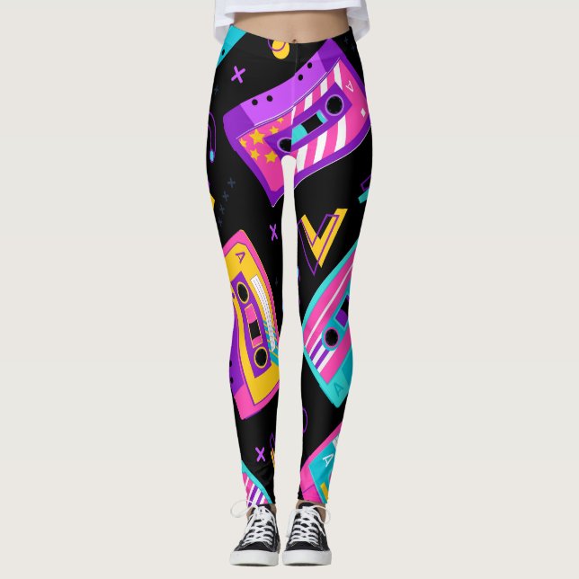Trendy 80s Cassette Pattern Leggings (Front)