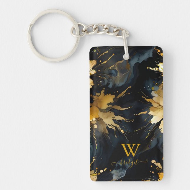 trendy abstract black gold marble key ring (Front)