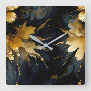 trendy abstract black gold marble square wall clock