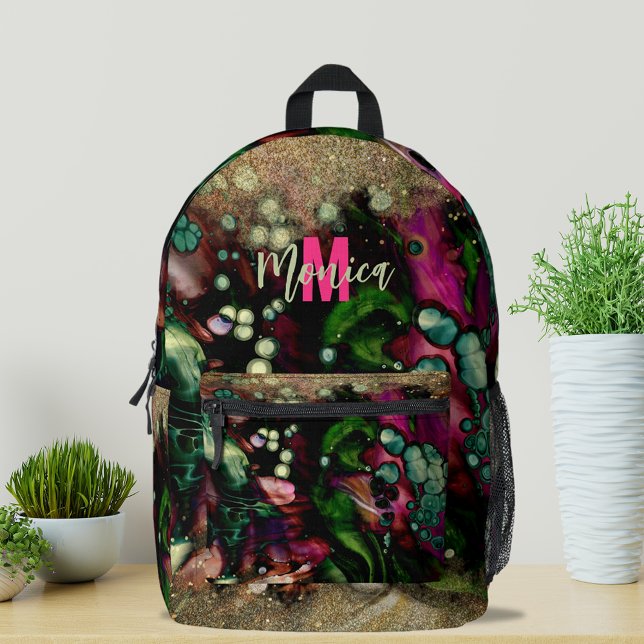 Trendy Abstract Organic Gold Glittery Monogrammed Printed Backpack (Creator Uploaded)