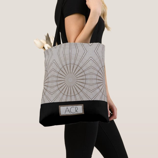 Trendy Abstract Pattern Monogram Brown Black Tote Bag (Close Up)