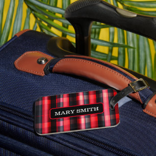 Trendy Abstract Red Black Plaid Collection Luggage Tag