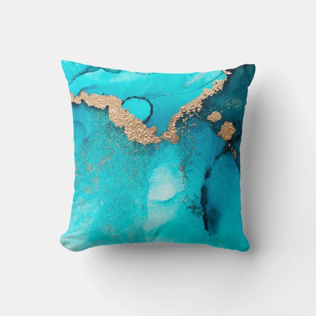 Trendy Abstract Teal Gold Swirls Cushion (Front)