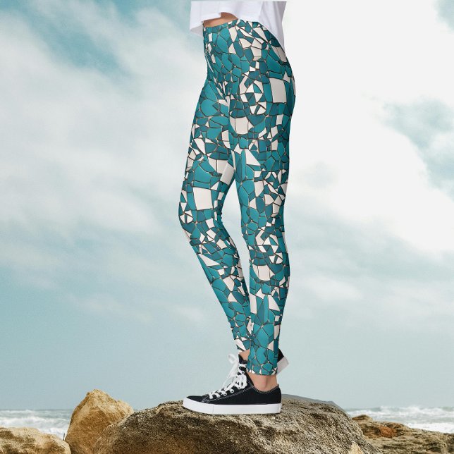 Trendy Abstract Turquoise Mosaic Geometric Pattern Leggings (Creator Uploaded)