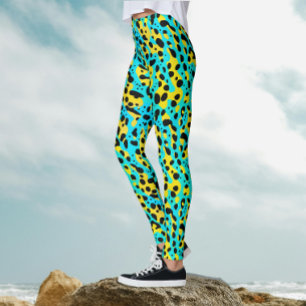 Trendy Abstract Turquoise Yellow Leopard Pattern  Leggings