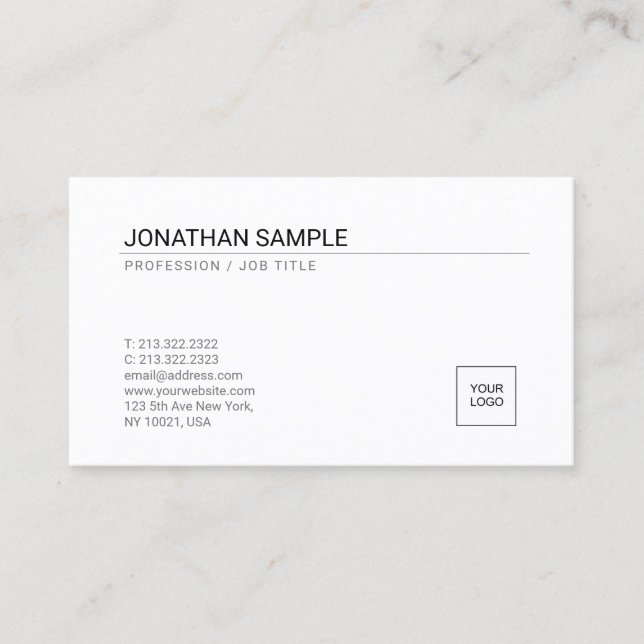Trendy Add Your Logo Elegant White Simple Plain Business Card (Front)