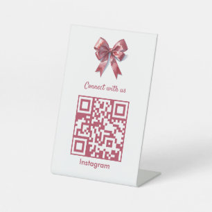 Trendy Aesthetic Coquette Pink Bow QR Code Pedestal Sign