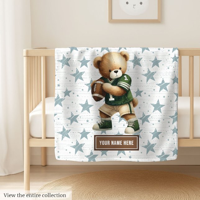 Trendy American Football Teddy Bear Personalised Fleece Blanket (Cozy American football teddy bear blanket, personalized for a memorable boy birthday gift.)