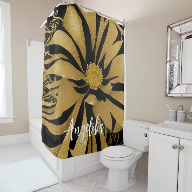Trendy and Chic Floral Black and Gold Name Shower Curtain (In Situ)
