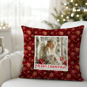 Trendy Angel Poinsettia Red Gold Personalized Xmas Cushion