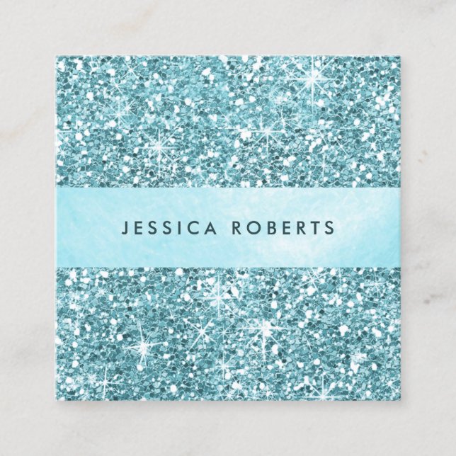 Trendy Aqua Blue Glitter Pattern Elegant Square Business Card (Front)