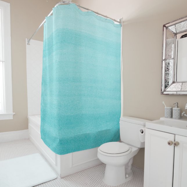 Trendy Aqua Blue Ombre Watercolor Pattern Shower Curtain (In Situ)