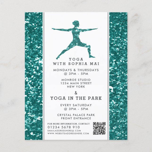 Trendy Aqua Glitter Effect Yoga Class Advertising Flyer (Front)