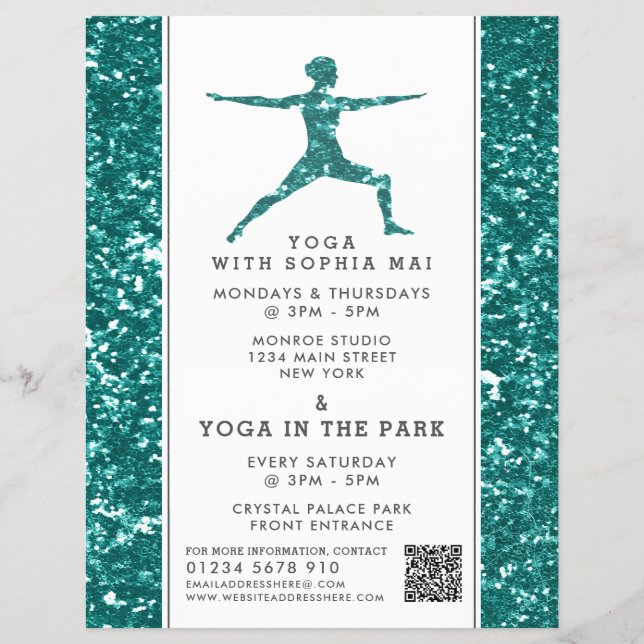 Trendy Aqua Glitter Effect Yoga Class Advertising Flyer (Front)