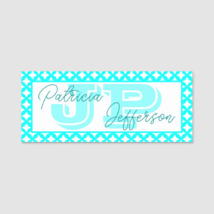Trendy Aqua Green-Blue Mesh Border Unique Monogram Name Tag
