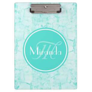Trendy Aqua Mint Crackle Pattern With Monogram Clipboard