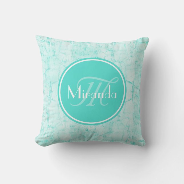 Trendy Aqua Mint Crackle Pattern With Monogram Cushion (Front)