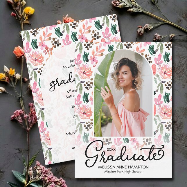 Trendy Arch Photo on Floral Graduation Party Invitation (Trendy arched photo on wildflower graduation party invitations INSTANT DOWNLOAD and/or PRINTED)