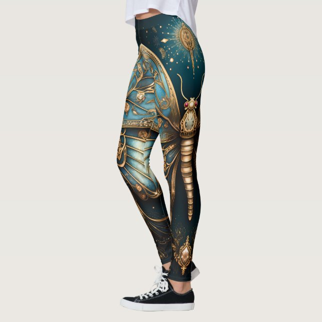 Trendy Art Deco Blue Gold Butterfly Yoga  Leggings (Left)