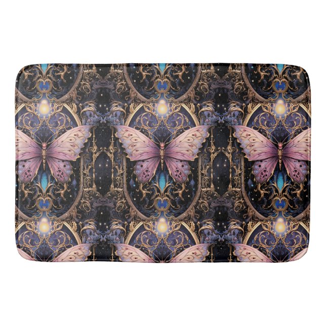 Trendy Art Deco Purple Pink Gold Butterfly Bath Mat (Front)
