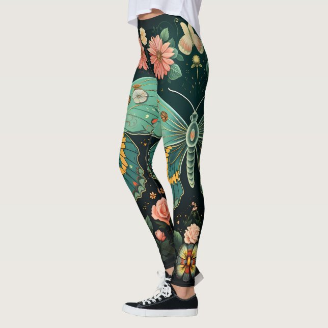 Trendy Art Deco Teal Pink Floral Butterfly Yoga  Leggings (Left)