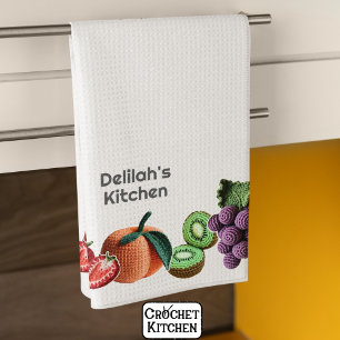 Trendy Artistic Rainbow Crochet Fruit Collage Tea Towel