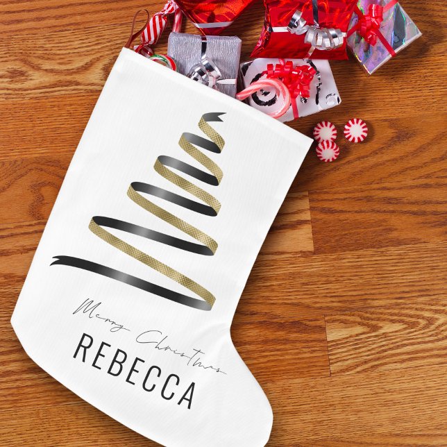 Trendy Artsy Tree Gold Black Name Merry  Large Christmas Stocking (Creator Uploaded)