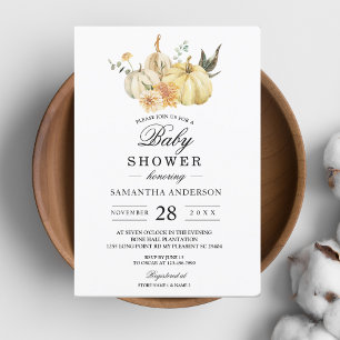 Trendy Autumn Watercolor Pumpkin & Flowers Invitation
