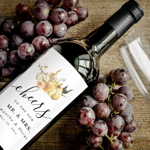 Trendy Autumn Watercolor Pumpkin & Flowers Wine Label
