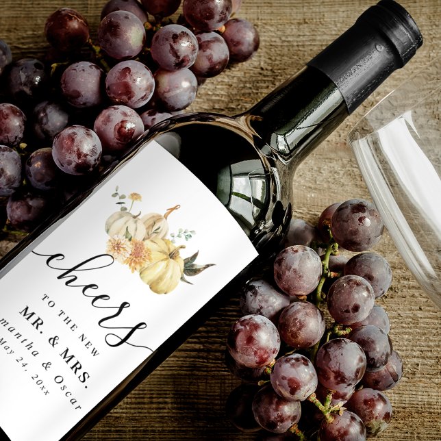 Trendy Autumn Watercolor Pumpkin & Flowers Wine Label (Creator Uploaded)