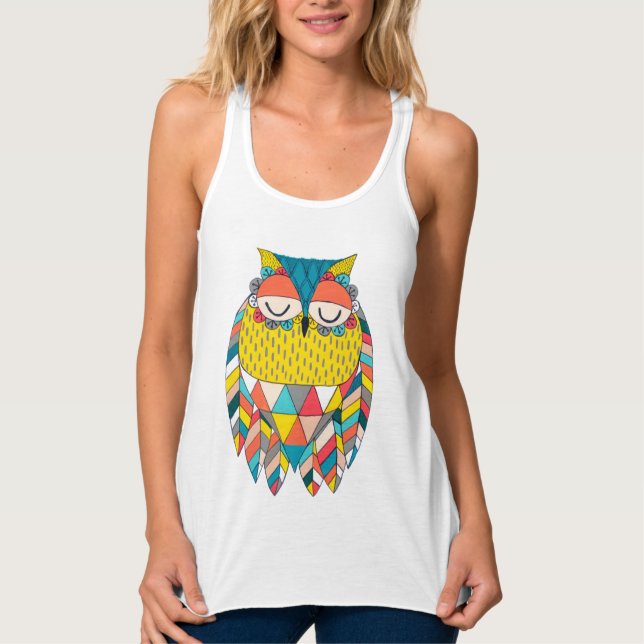 Trendy Aztec Triangles Pattern Owl Illustration Singlet (Front)