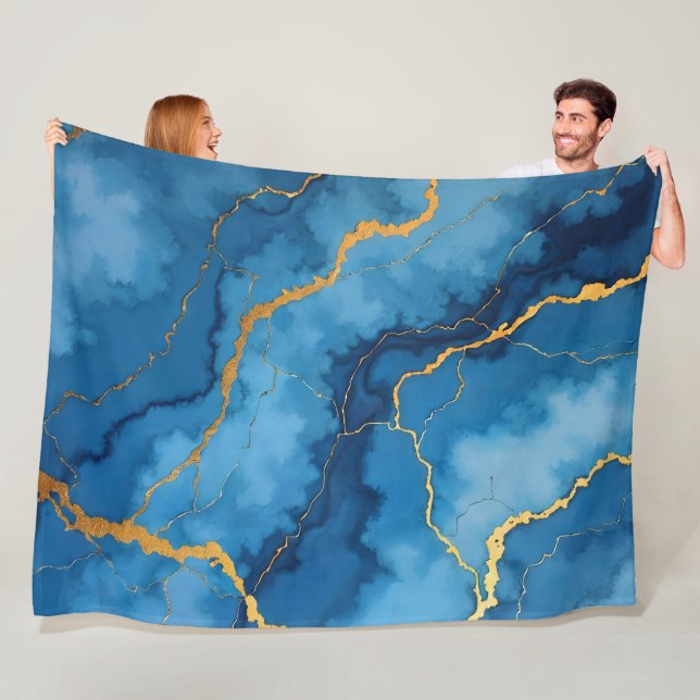 Trendy Azure Blue Gold Marble Collection Fleece Blanket (In Situ)