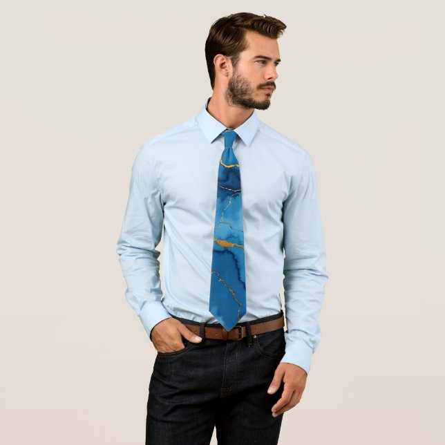 Trendy Azure Blue Gold Marble Collection Tie (In Situ)