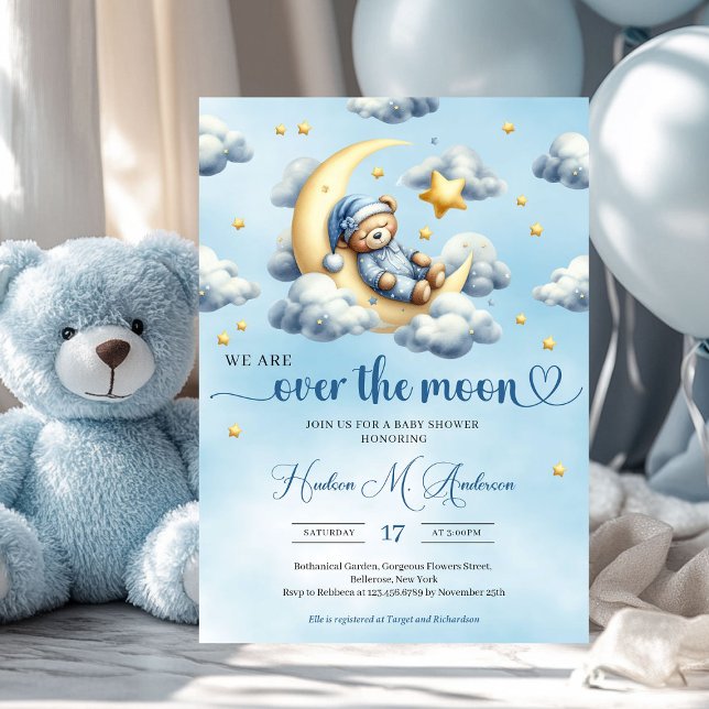 Trendy baby bear sleeping over the gold moon  invitation (we are over the moon - boy baby shower invitation with teddy bear)