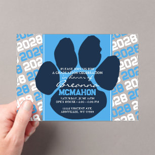 Trendy Baby Blue & Navy Graduation Pawprint Clear Acrylic Invitations