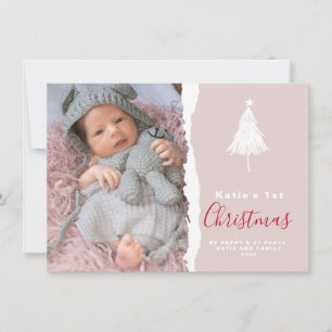 Trendy Baby's 1st Christmas Photo Blush Holiday Card