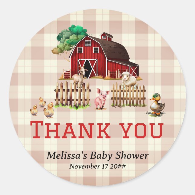Trendy Barnyard Farm Animals Baby Shower Thank you Classic Round Sticker (Front)