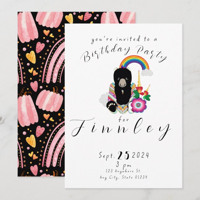 Trendy BearyCorn Cartoon Girls Birthday Party Invitation (Front/Back)