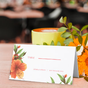 Trendy Beautiful Pretty Orange Floral Wedding Place Card