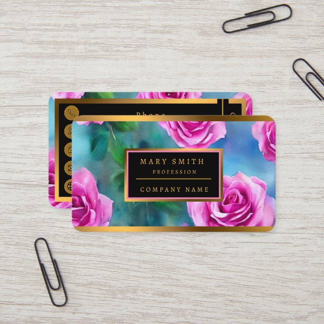 Trendy Beautiful Watercolor Pink Roses Collection Business Card (Front/Back In Situ)