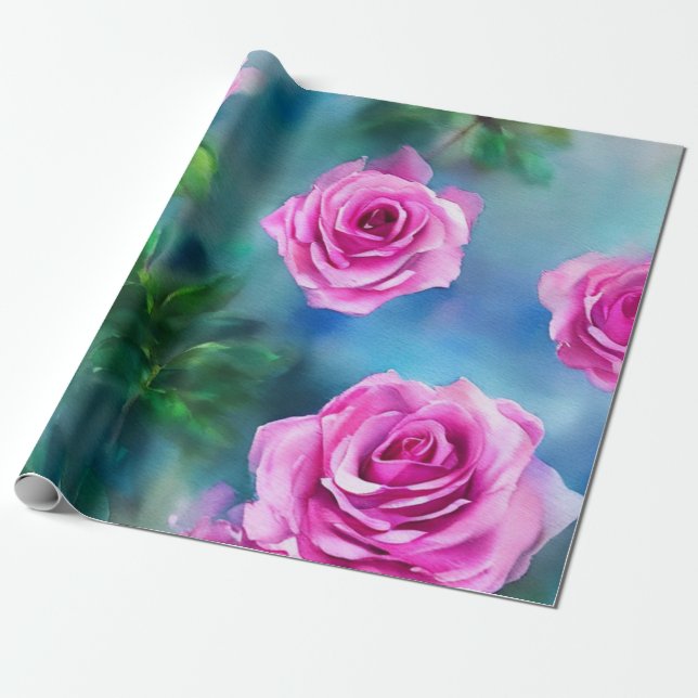 Trendy Beautiful Watercolor Pink Roses Collection Wrapping Paper (Unrolled)